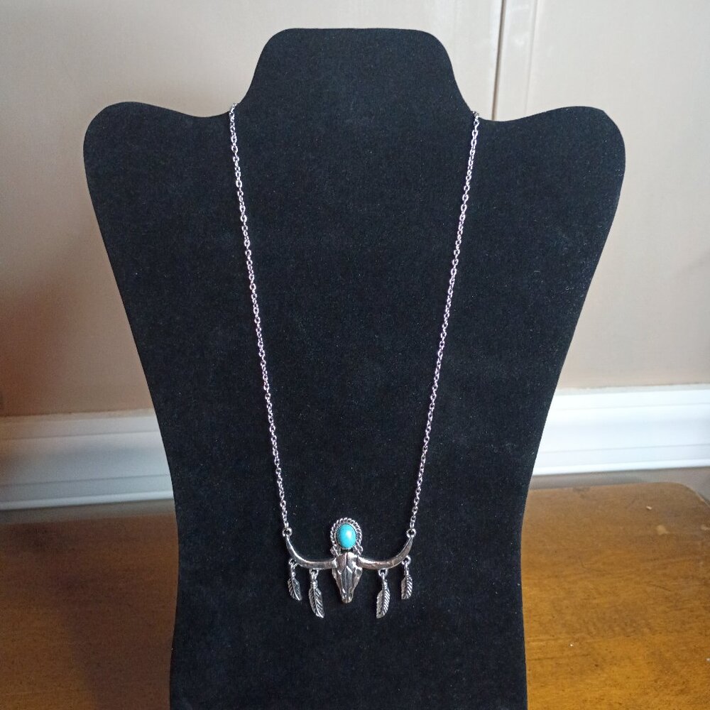 Western Turquoise Steer Skull Necklace Feather Cowgirl Southwestern Pendant - Picture 2 of 4
